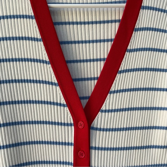 STAUD Shoko Ribbed Knit Midi Dress White Light Blue Stripes Red Trim Size M - Picture 11 of 13